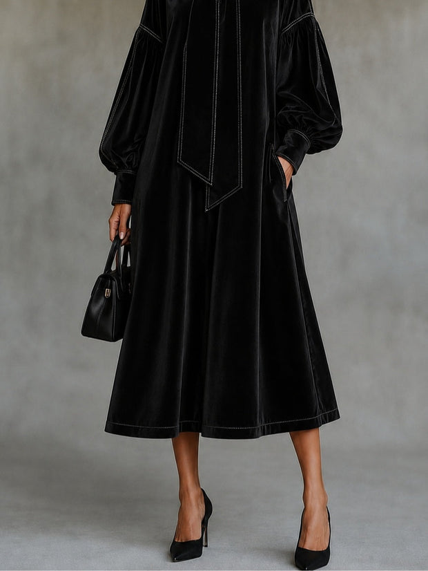 Margot | Robe midi en velours noir à nœud