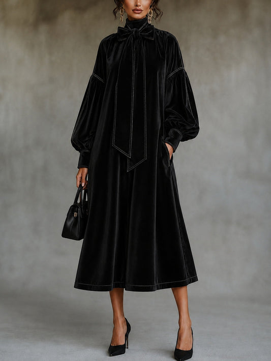 Margot | Robe midi en velours noir à nœud