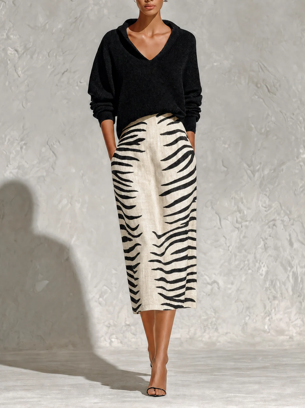 Ensemble Colette : pull noir col V et jupe midi zébrée ivoire et noir