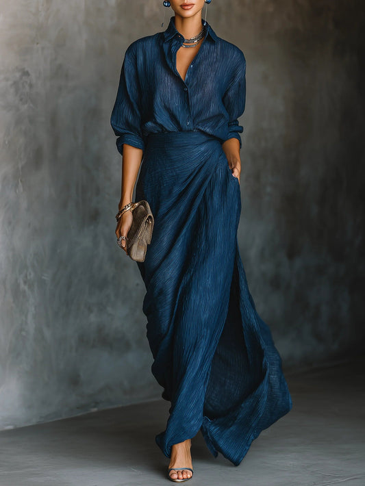 Bénédicte | Ensemble chemise et jupe longue en coton et lin bleu marine