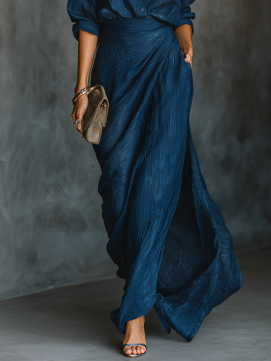 Bénédicte | Ensemble chemise et jupe longue en coton et lin bleu marine