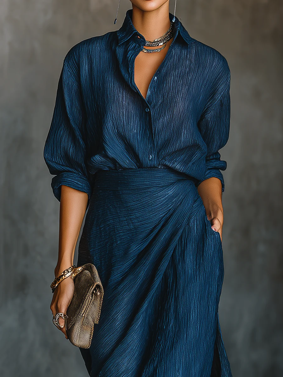 Bénédicte | Ensemble chemise et jupe longue en coton et lin bleu marine