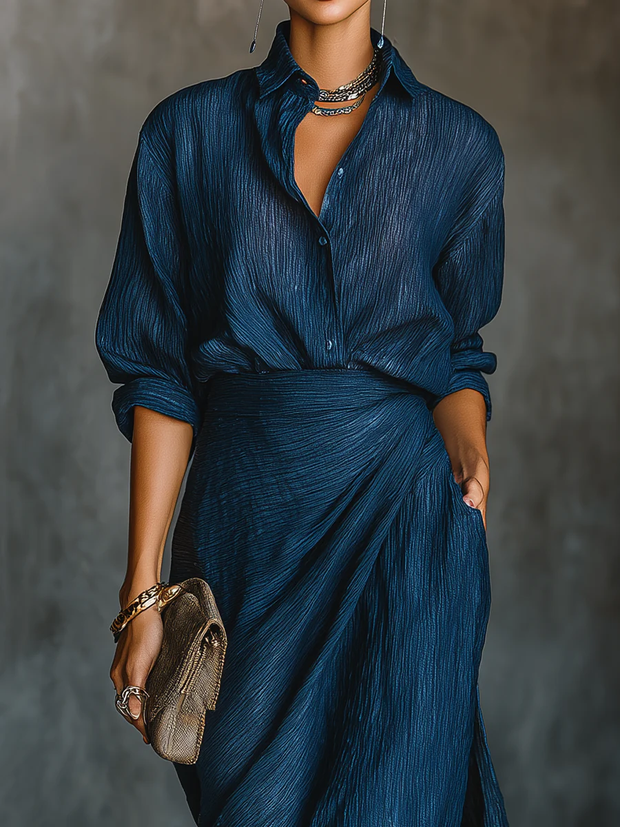 Bénédicte | Ensemble chemise et jupe longue en coton et lin bleu marine