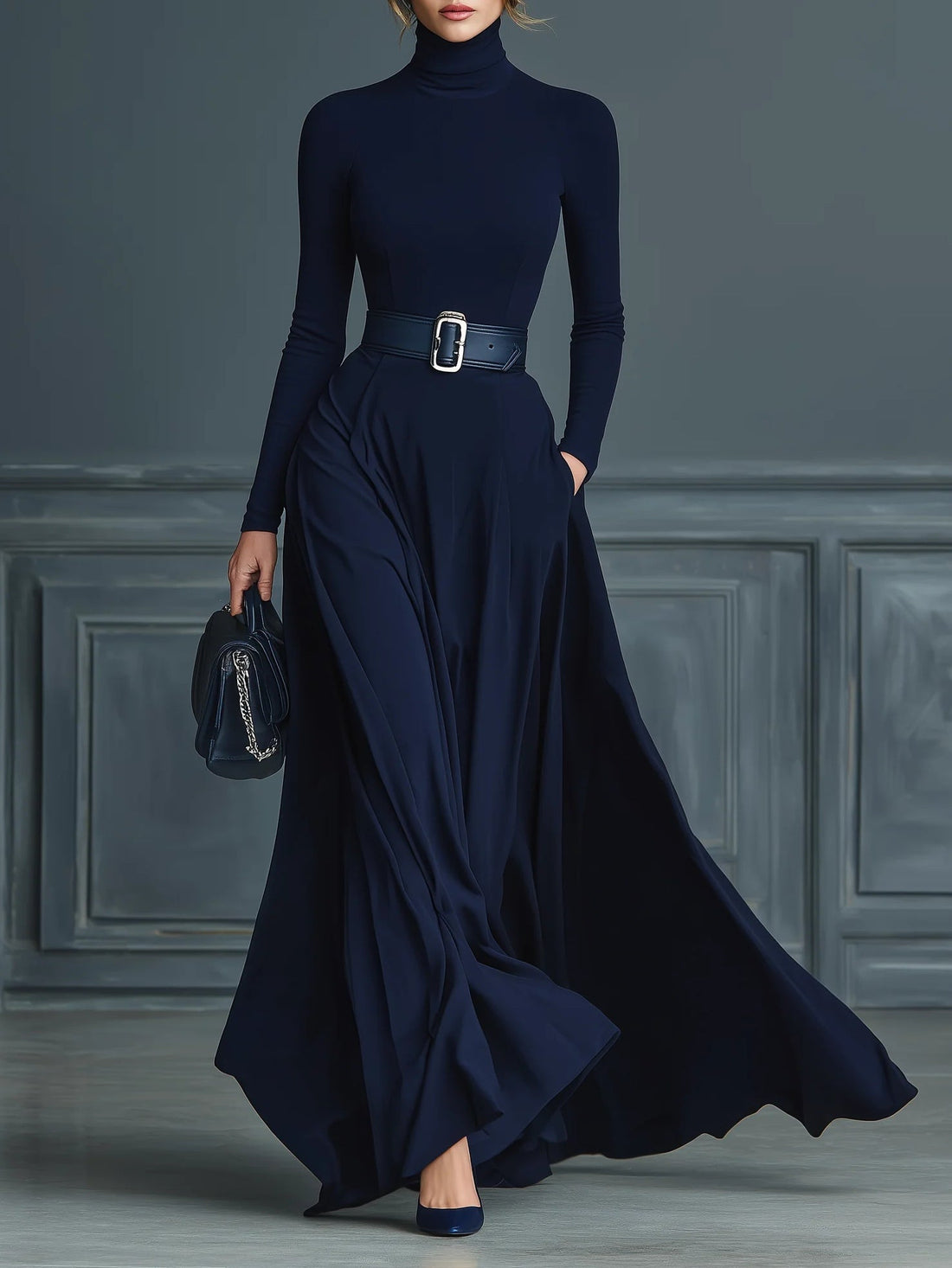Mélisande | Robe longue en maille bleu nuit à col montant