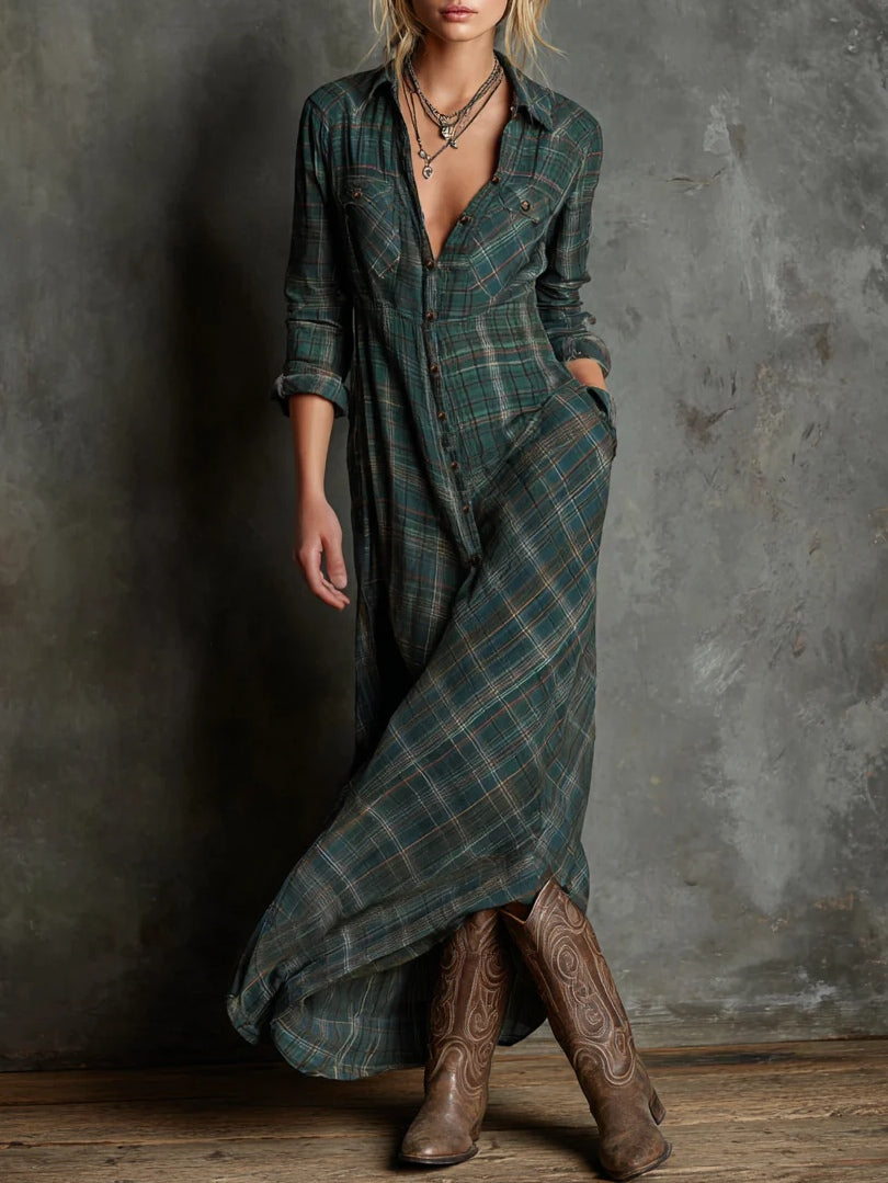 Domitille, robe chemise longue à carreaux vert sapin