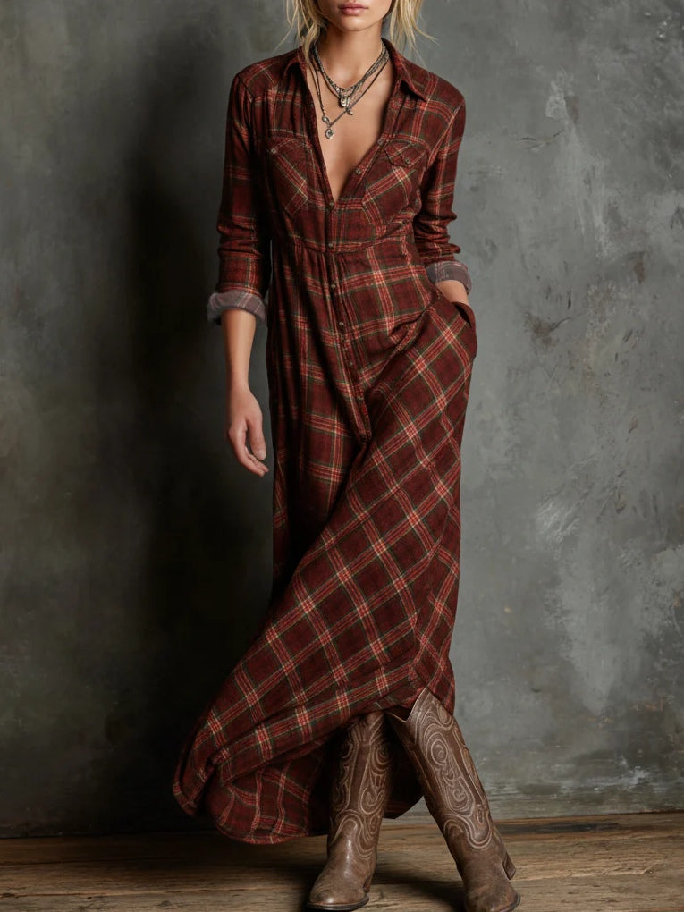Domitille, robe chemise longue à carreaux rouille