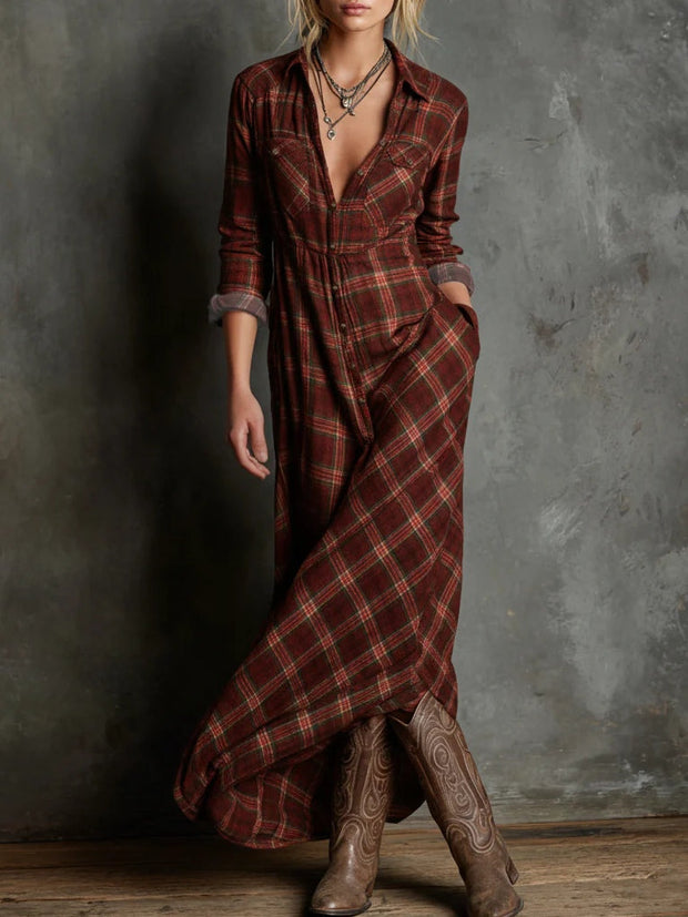 Domitille, robe chemise longue à carreaux rouille