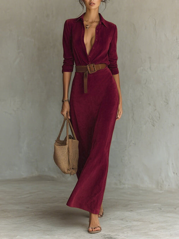 Gisèle, robe chemise longue en suédine bordeaux