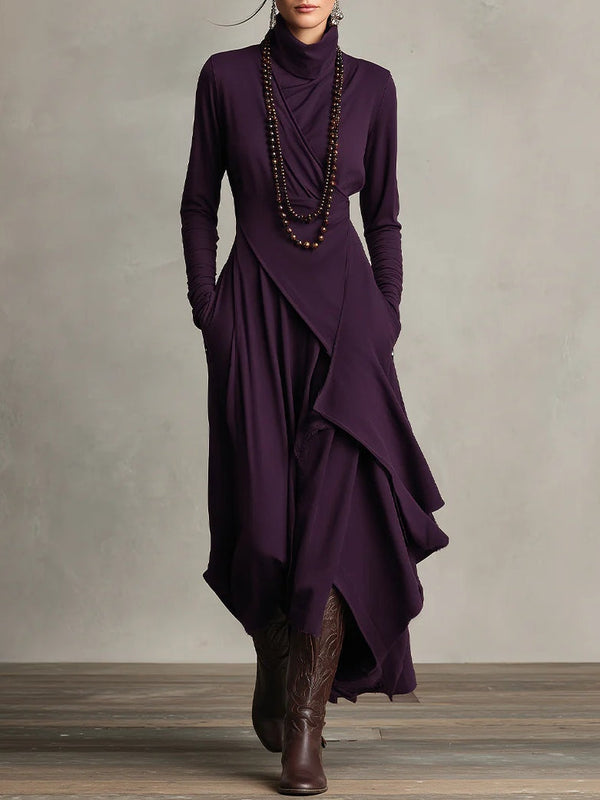 Albertine, robe longue drapée asymétrique prune, vue de face