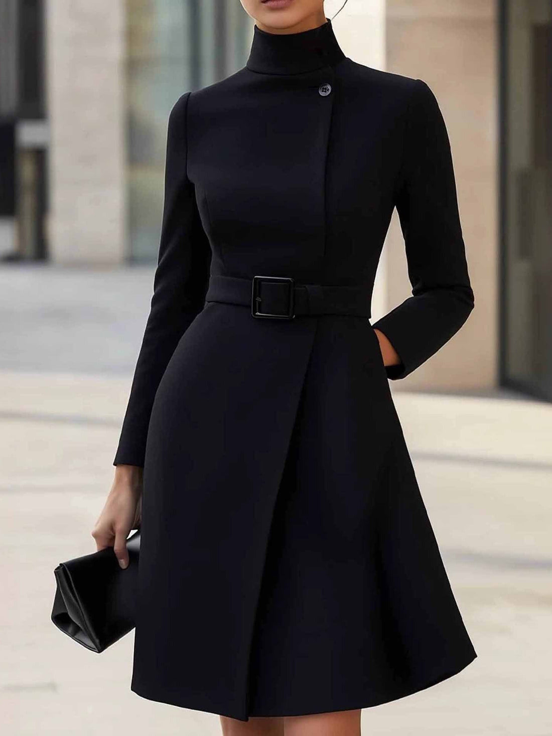 Octavie, robe noire cintrée à col montant et ceinture, vue de face