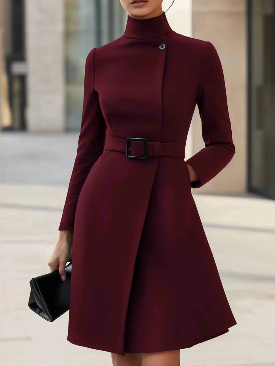 Octavie, robe bordeaux cintrée à col montant et ceinture