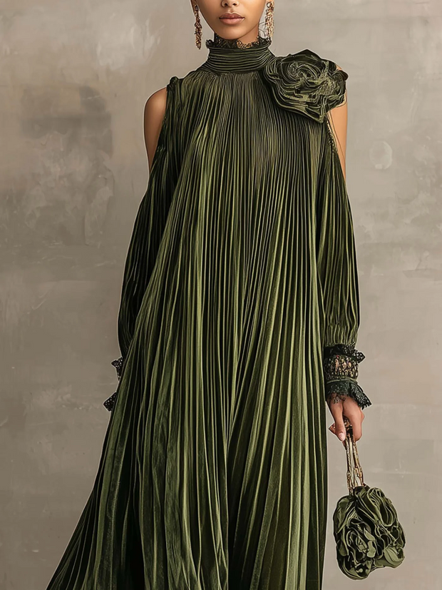 Léontine | Robe longue plissée vert olive à fleur