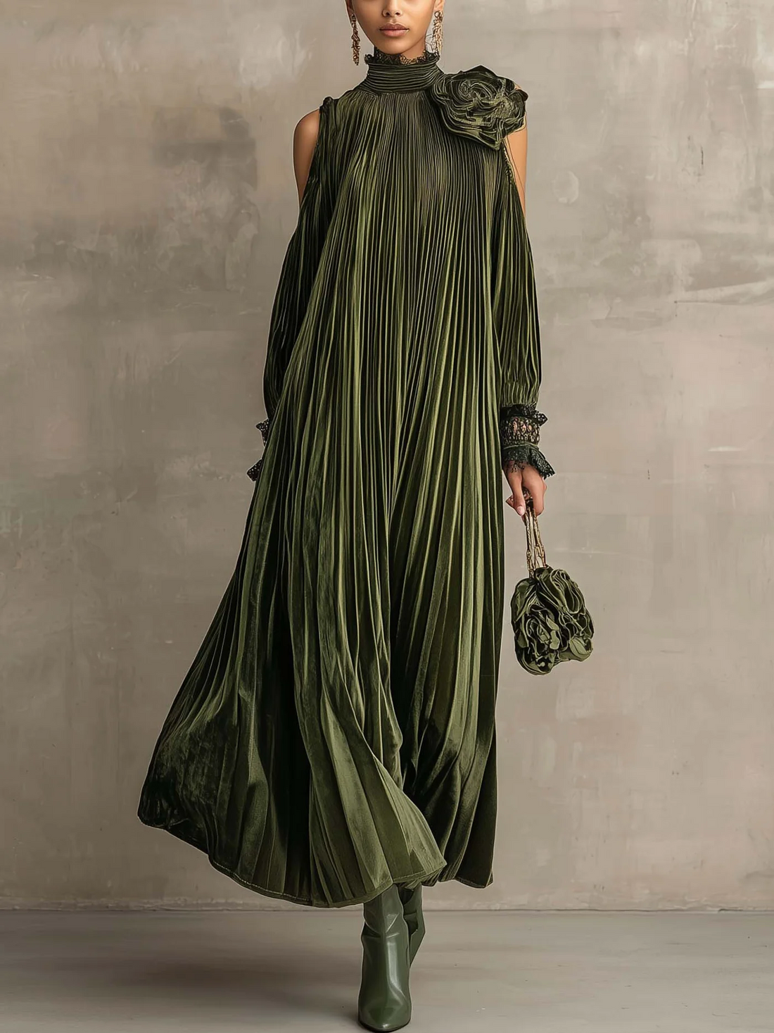 Léontine | Robe longue plissée vert olive à fleur