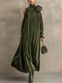 Léontine | Robe longue plissée vert olive à fleur
