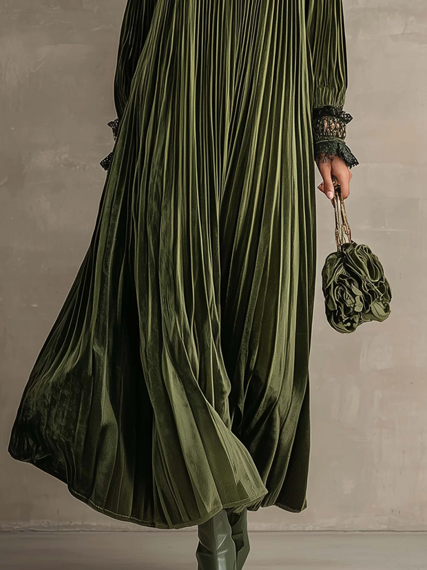 Léontine | Robe longue plissée vert olive à fleur