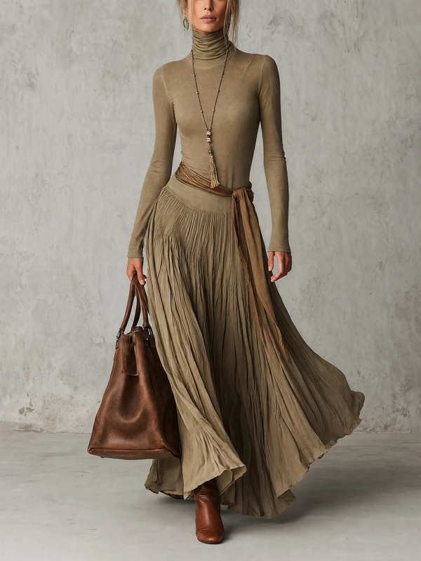 Daphné | Robe longue plissée à col roulé et ceinture à nouer