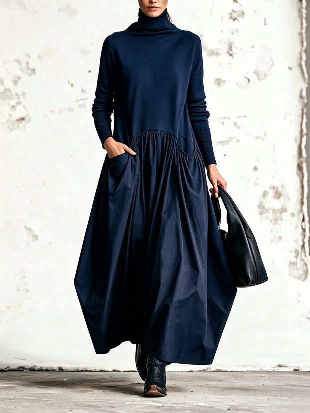 Robe longue Simone bleu à col montant