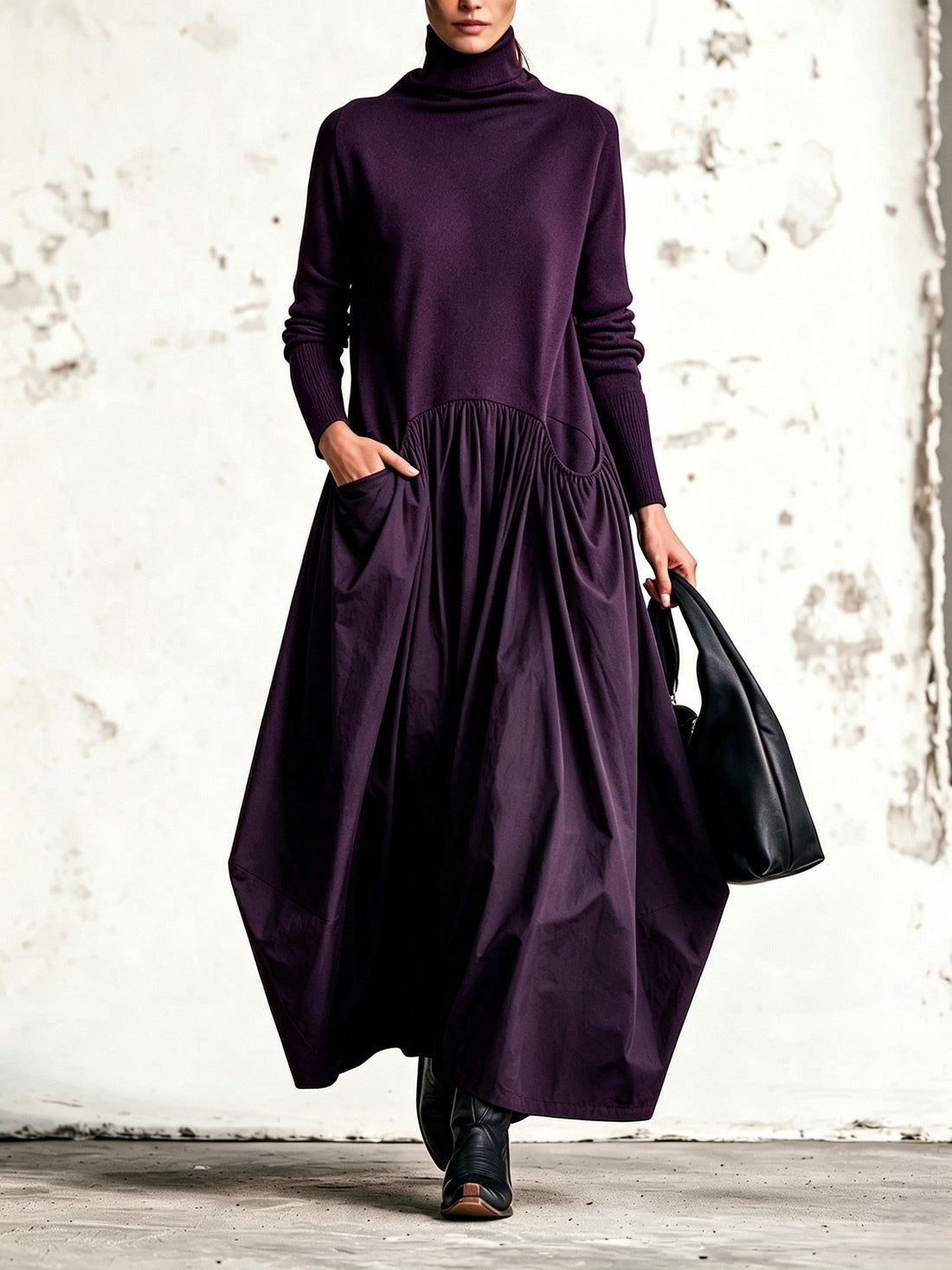 Robe longue Simone violet foncé à col montant