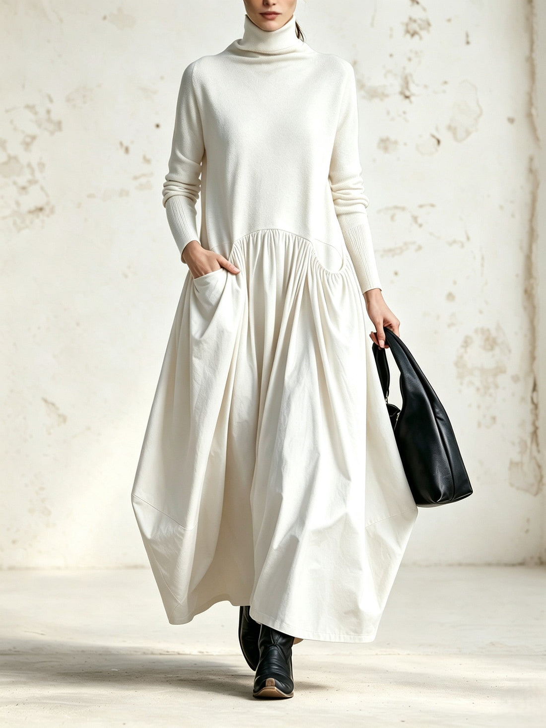Robe longue Simone blanc cassé à col montant