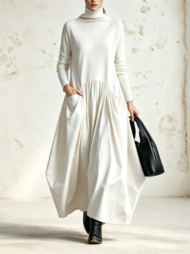 Robe longue Simone blanc cassé à col montant