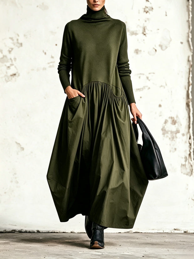 Robe longue Simone vert kaki à col montant