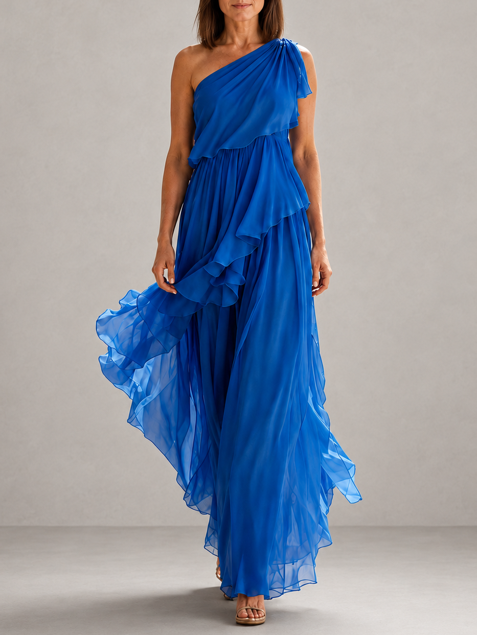 Marguerite | Robe longue une épaule à volants étagés