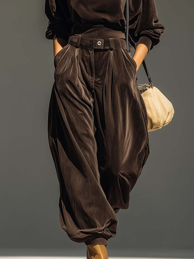 Ensemble Madeleine en velours marron chocolat, sweat à capuche et pantalon ample