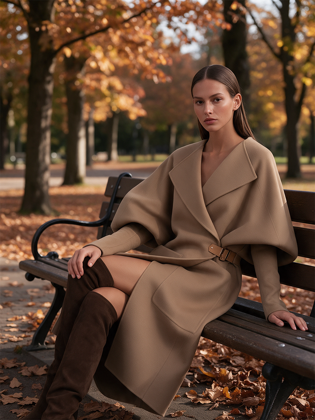 Armance | Manteau long camel à ceinture boucle cuir