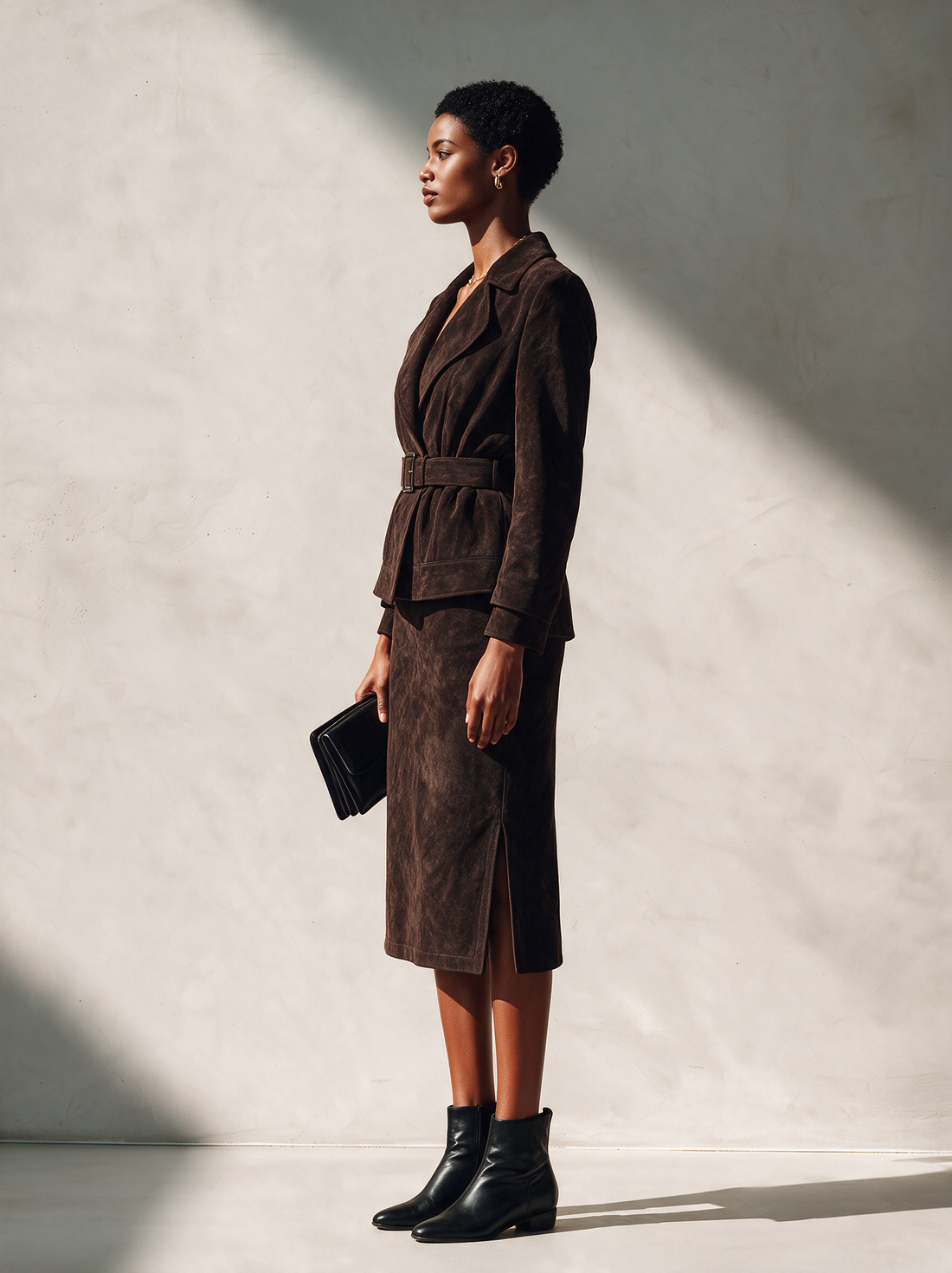 Geneviève | Ensemble veste et jupe midi en suédine ceinturé