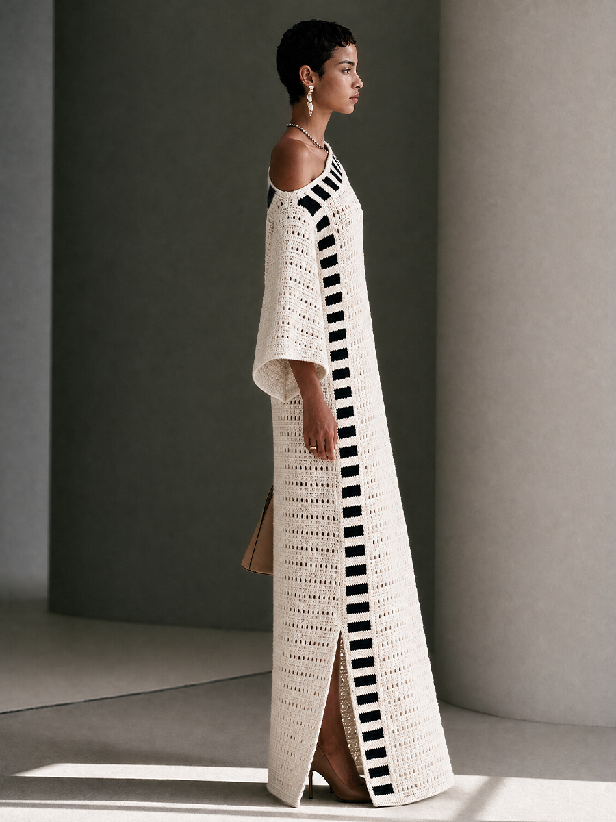 Lison | Robe longue en maille ajourée à épaules dénudées