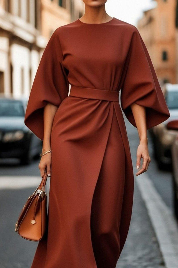 Laure, robe midi drapée à manches kimono, coloris rouille