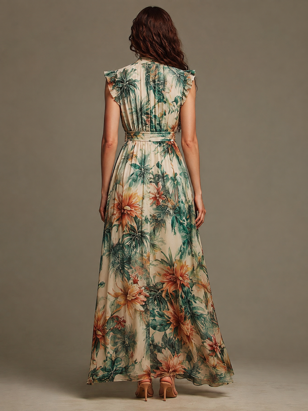 Clémence | Robe longue en mousseline à imprimé tropical