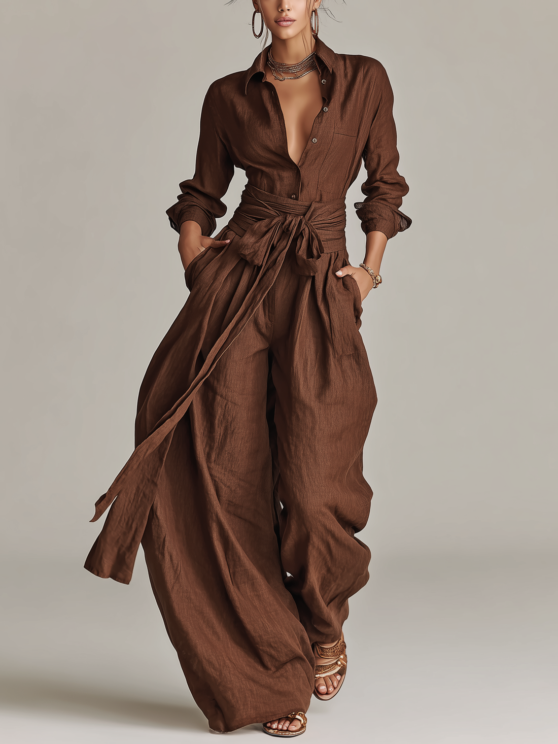 Marthe, combinaison chemise chocolat en coton et lin à jambes larges, vue de face