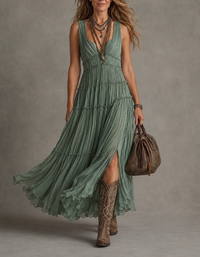 Solène | Robe longue plissée à décolleté froncé