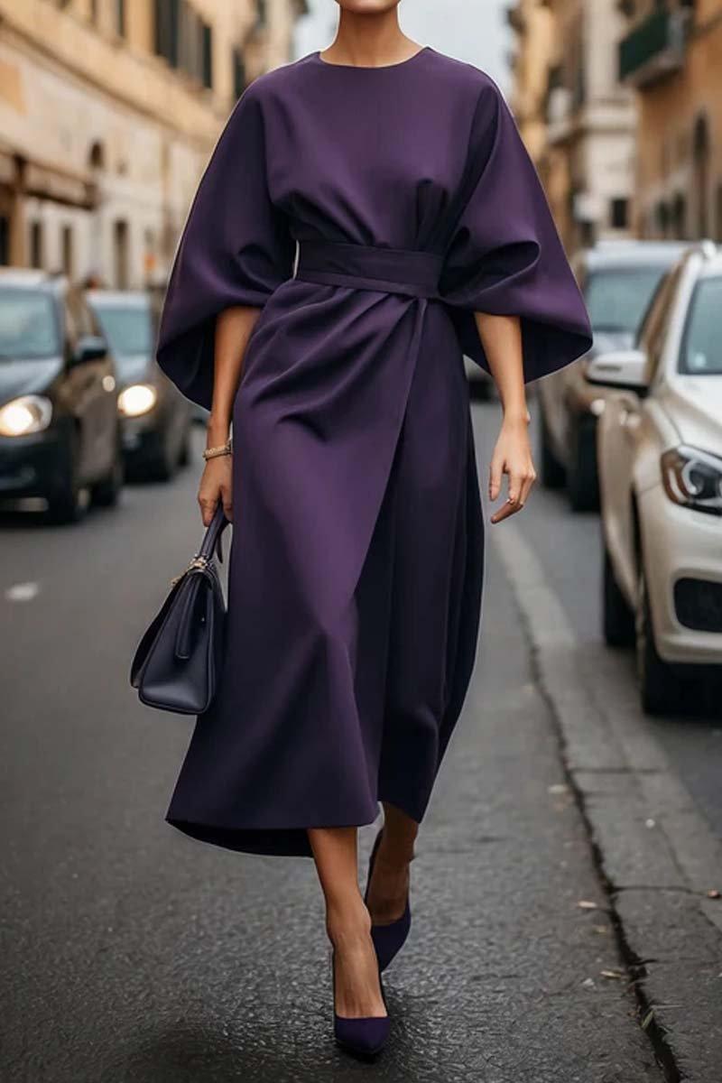 Laure, robe midi drapée à manches kimono, coloris violet