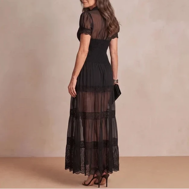 Delphine | Robe longue à empiècements de dentelle