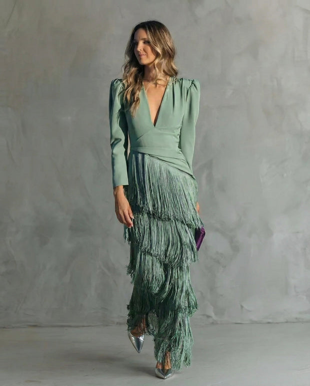Chiara | Robe midi à manches à franges