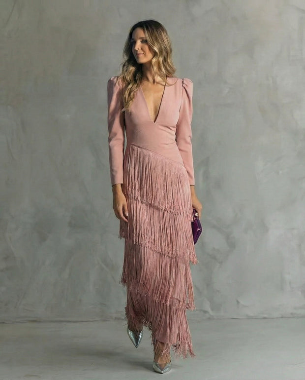 Chiara | Robe midi à manches à franges