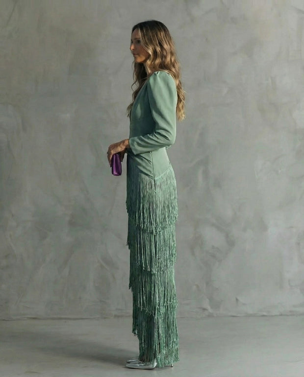 Chiara | Robe midi à manches à franges
