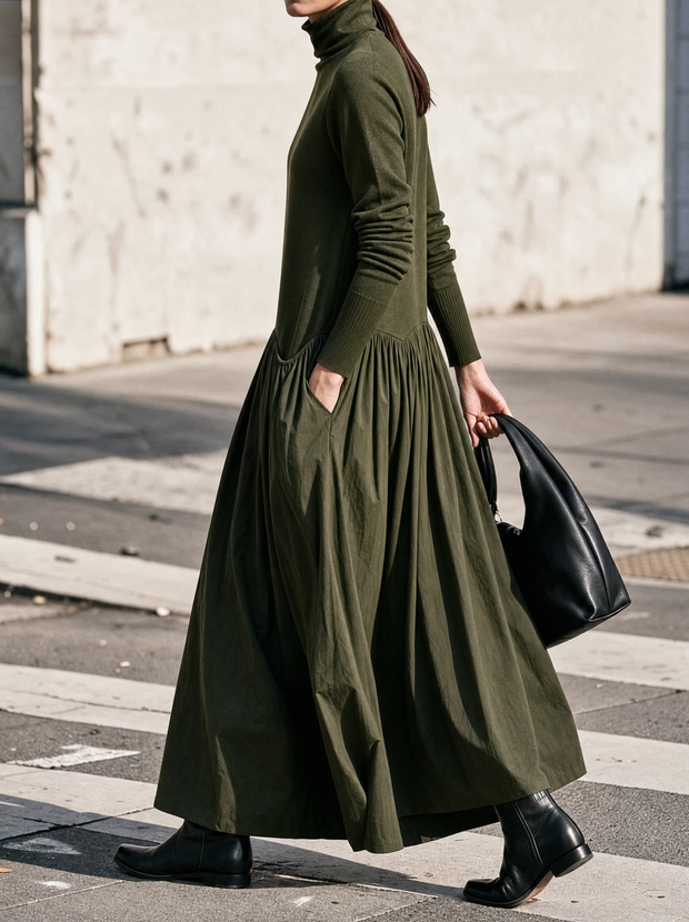 Robe longue Simone vert kaki, portée