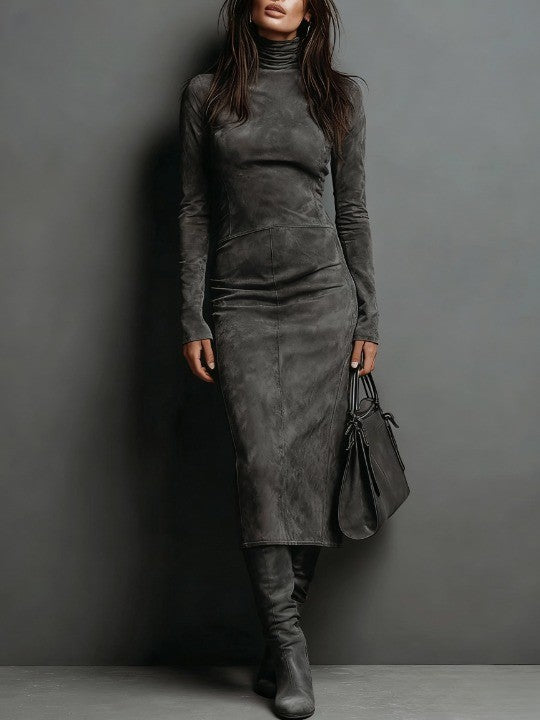 Blandine, robe midi en suédine gris anthracite