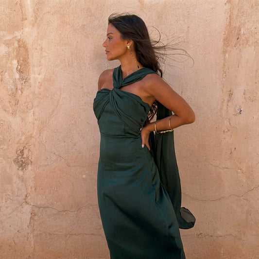 Aloé | Robe midi satinée à décolleté croisé