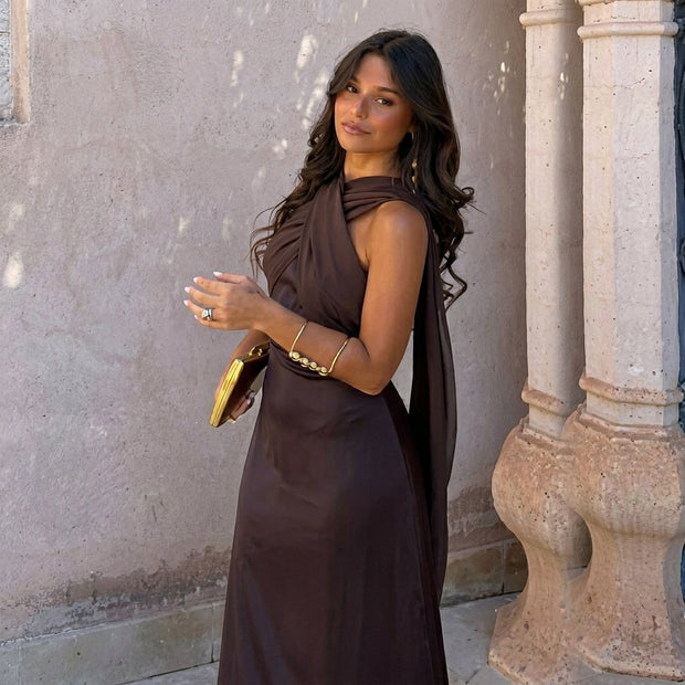 Aloé | Robe midi satinée à décolleté croisé