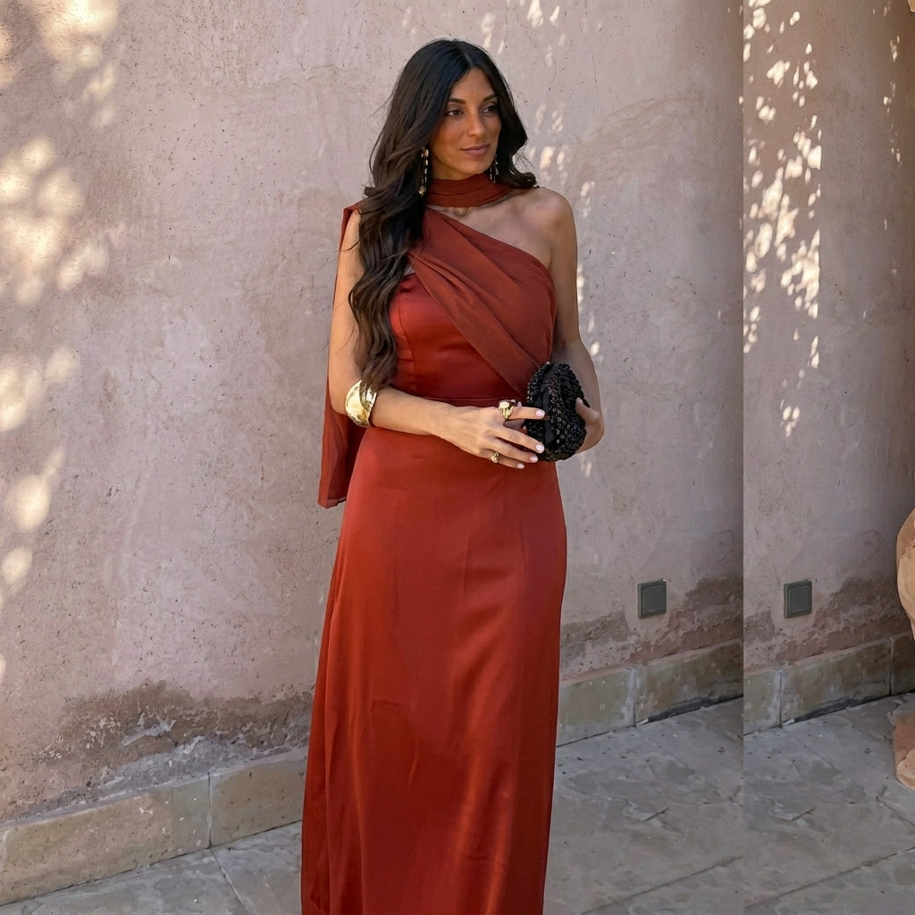 Aloé | Robe midi satinée à décolleté croisé
